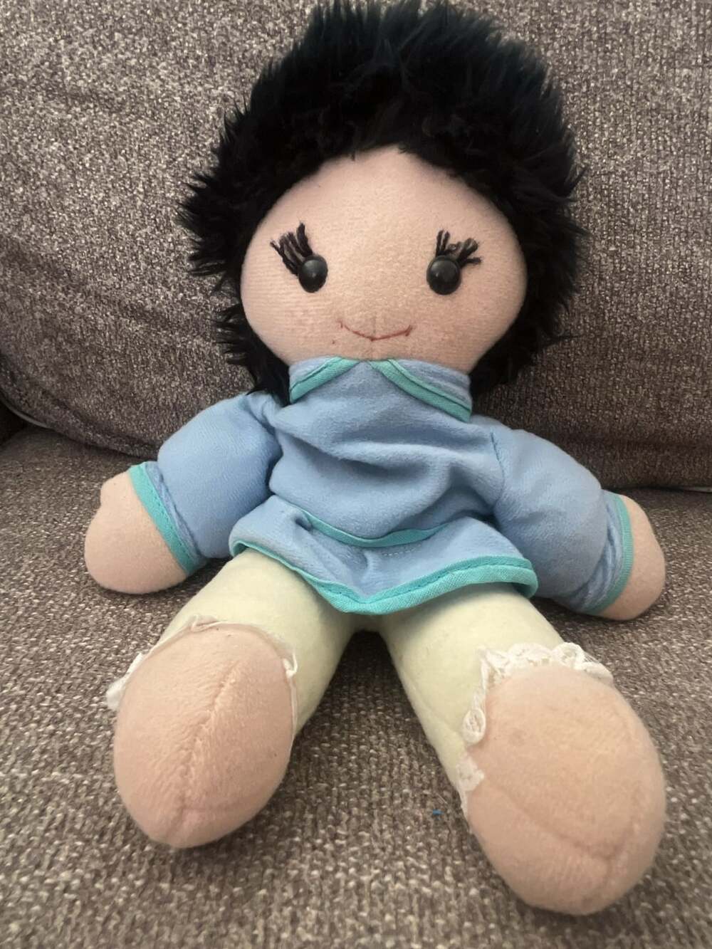 Vintage California Stuffed Toys Soft Plush Doll with Black Hair and Blue Top